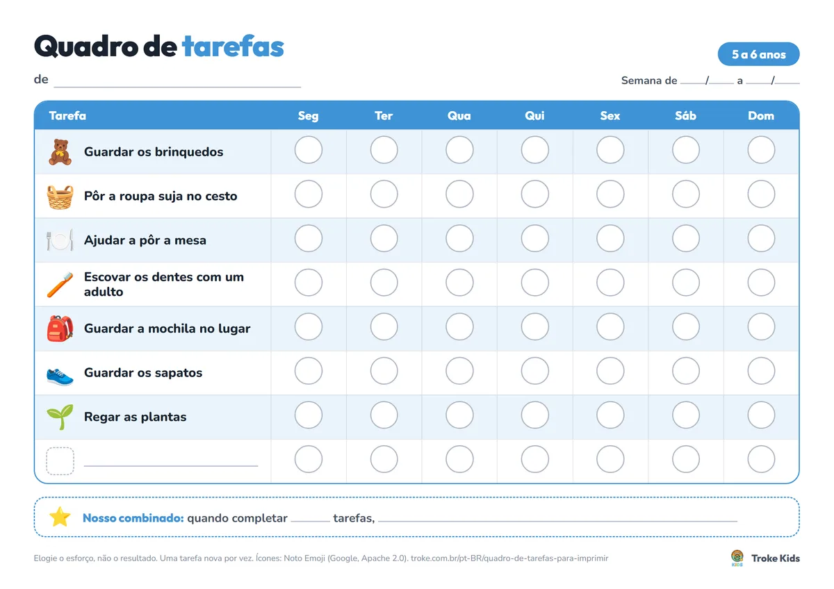 Prévia do quadro de tarefas para imprimir, 5 a 6 anos