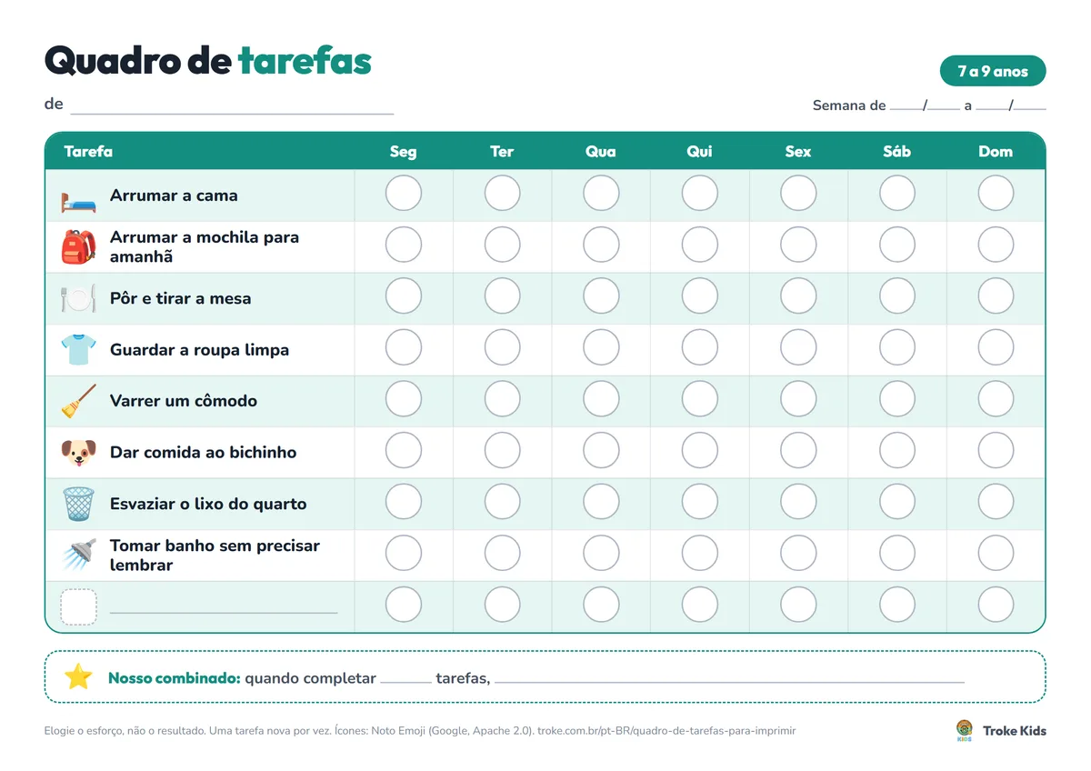 Prévia do quadro de tarefas para imprimir, 7 a 9 anos