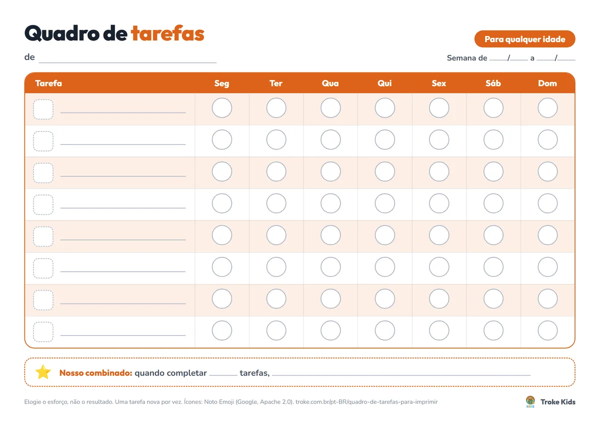 Prévia do quadro de tarefas para imprimir, Em branco